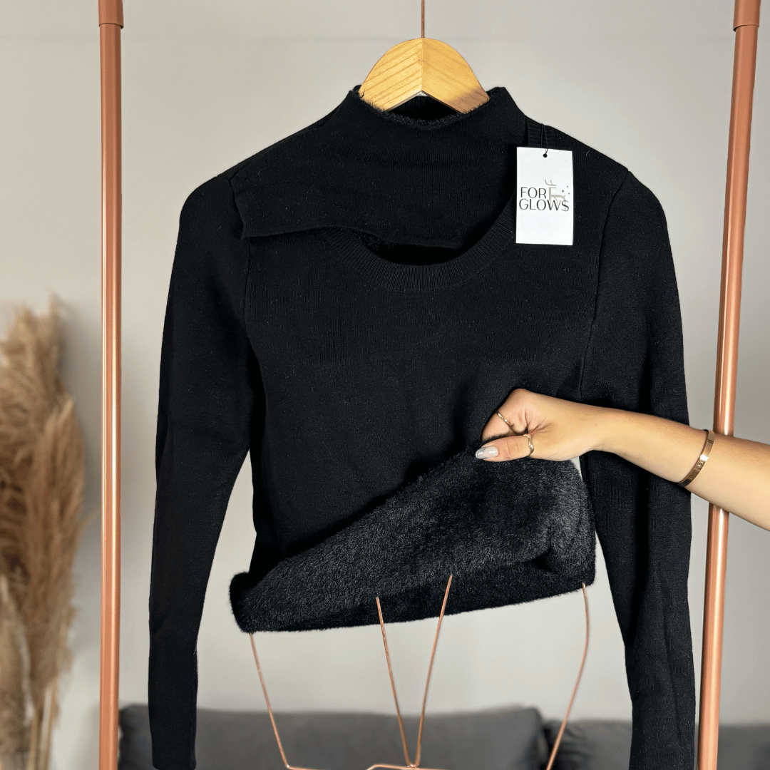 Ribbed Mock Neck Sweater with Cut-Out Detail