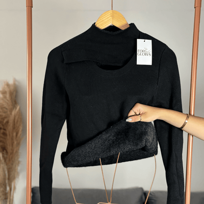 Ribbed Mock Neck Sweater with Cut-Out Detail