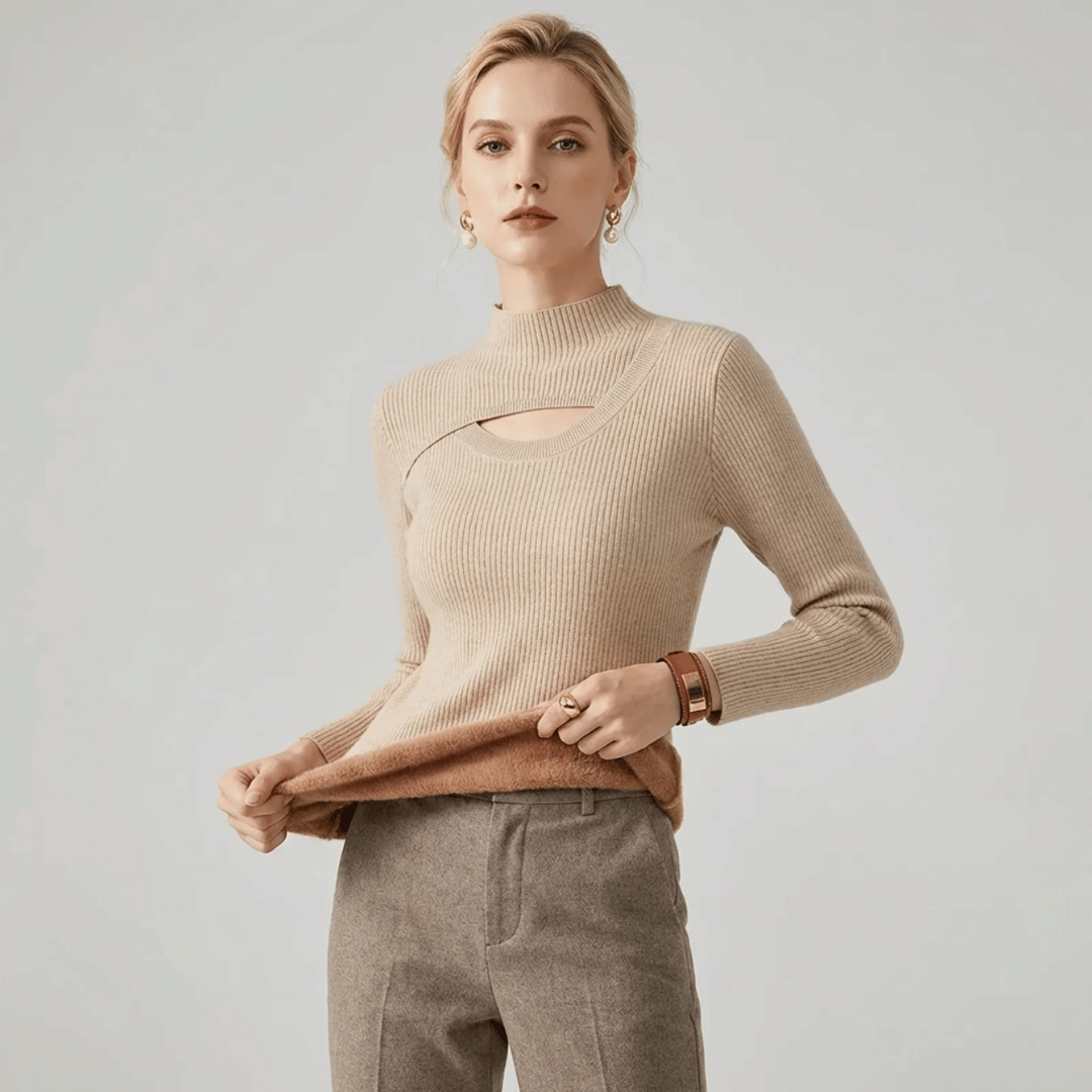 Ribbed Mock Neck Sweater with Cut-Out Detail