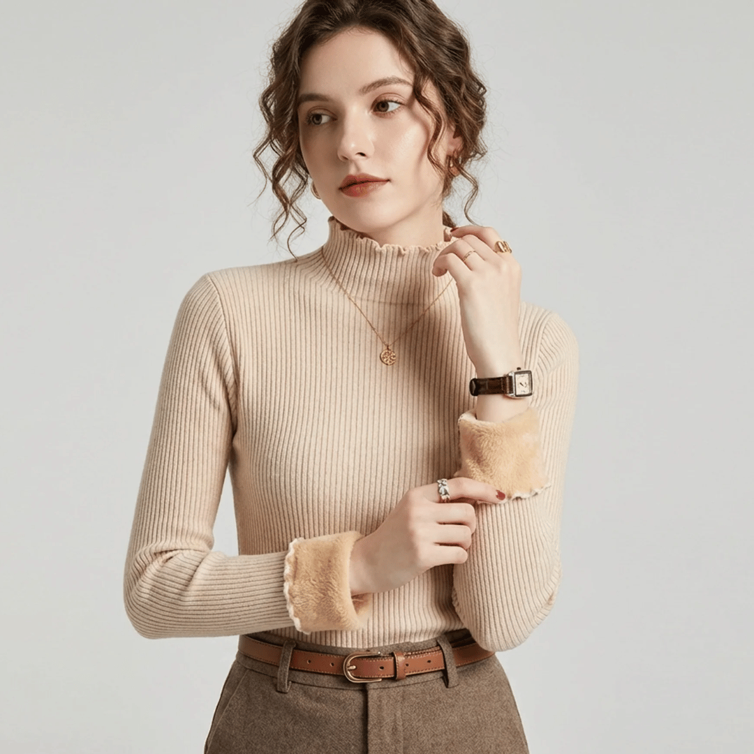 Ribbed Turtleneck Top with Brushed Lining