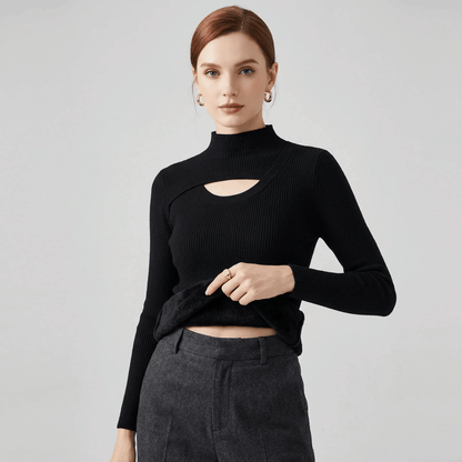 Ribbed Mock Neck Sweater with Cut-Out Detail