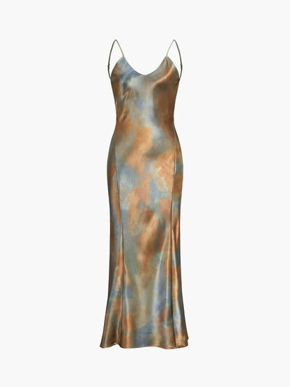 Satin Open-Back Watercolour Print Slip Dress