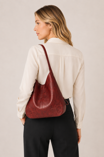 Women's Premium Leather Hobo Bag with Patchwork Texture – Bordeaux
