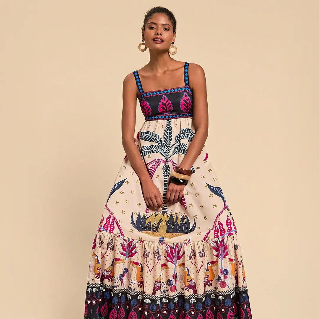 Tribal Print Tiered Maxi Dress