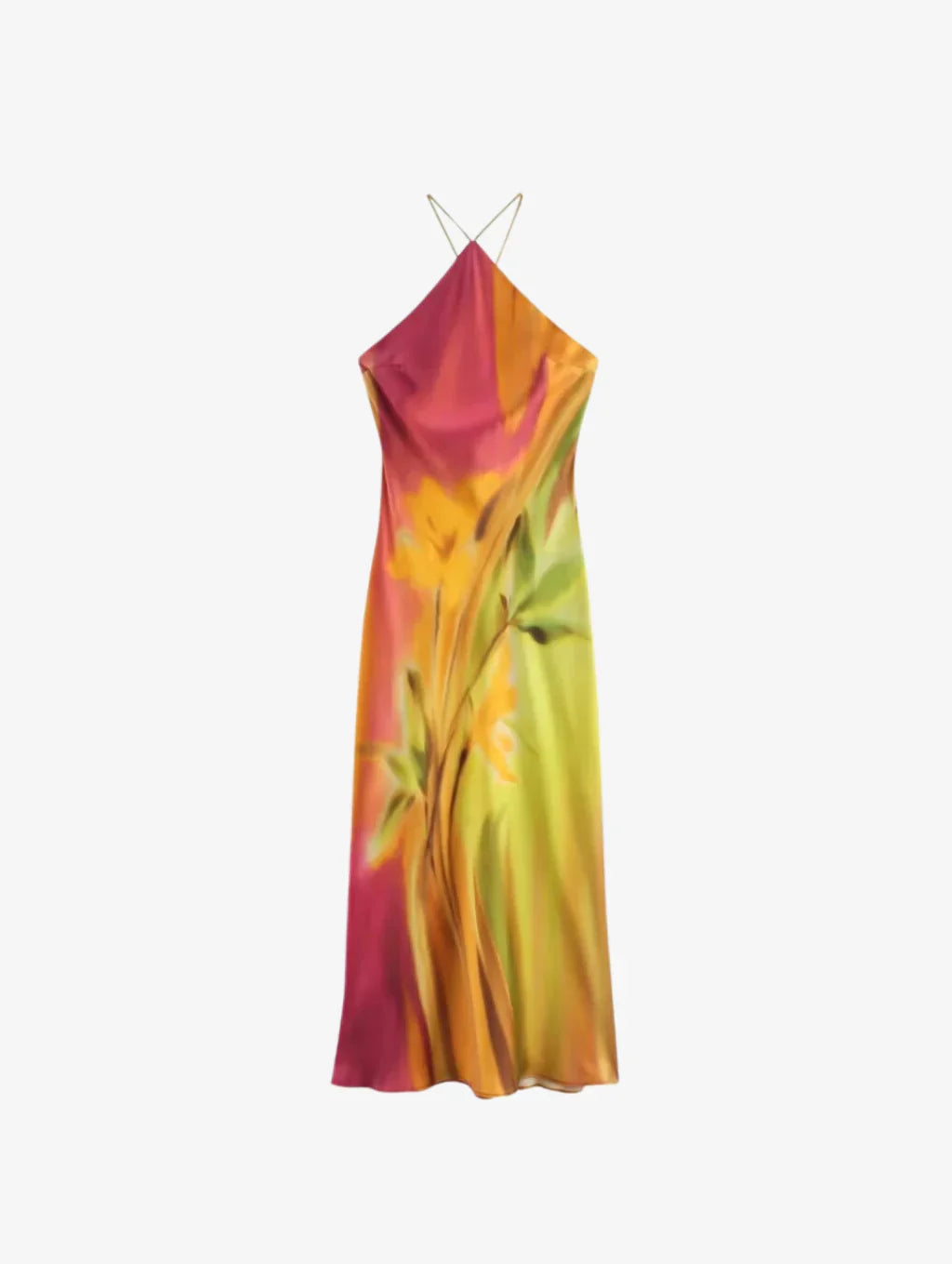 Satin One-Shoulder Watercolour Print Midi Dress
