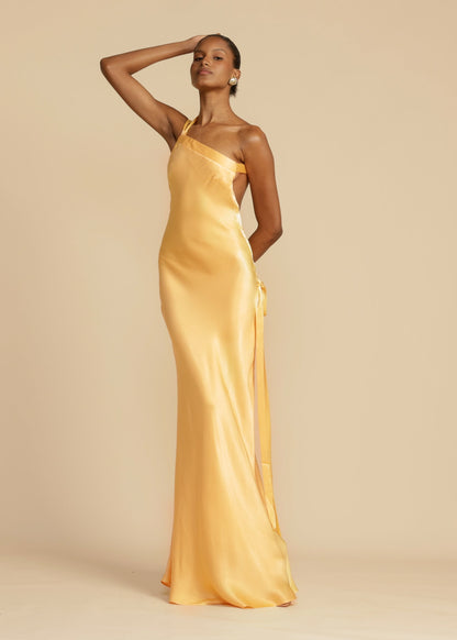 Satin One-Shoulder Cowl-Back Maxi Dress