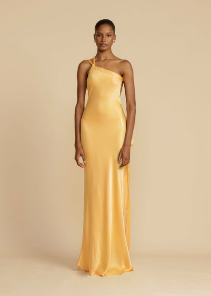 Satin One-Shoulder Cowl-Back Maxi Dress