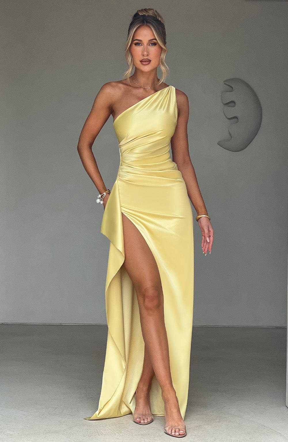 Satin One-Shoulder Draped Dress with Side Slit