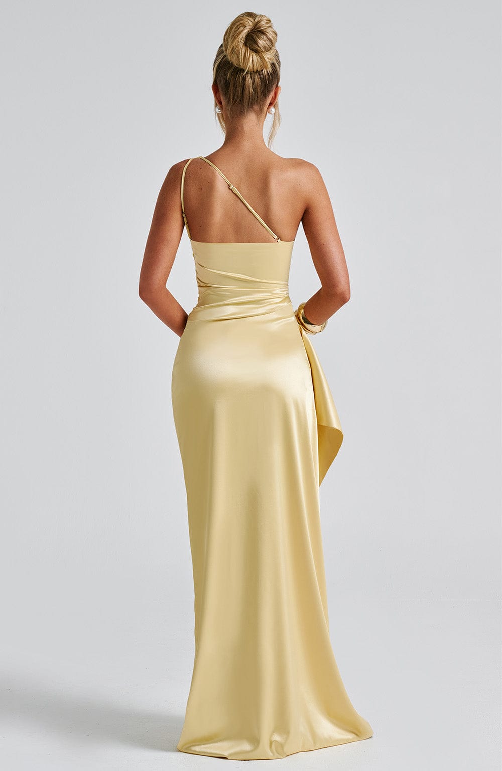 Satin One-Shoulder Draped Dress with Side Slit