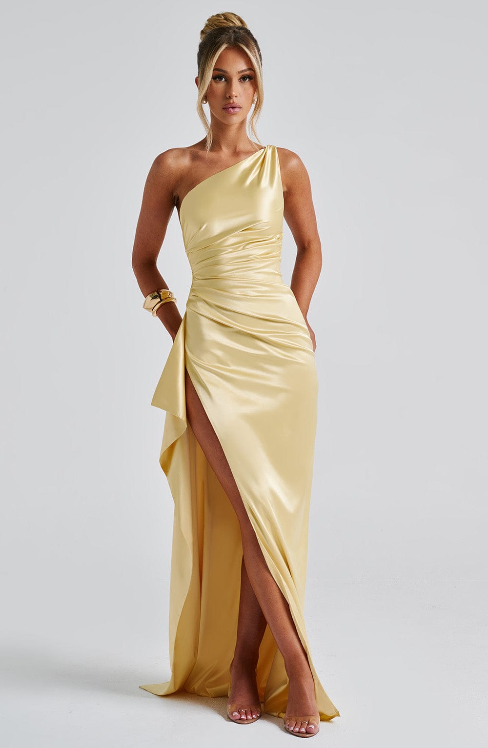 Satin One-Shoulder Draped Dress with Side Slit