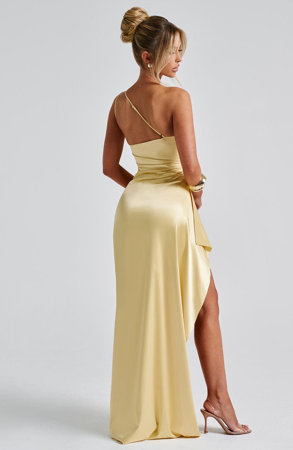 Satin One-Shoulder Draped Dress with Side Slit