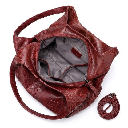 Women's Premium Leather Hobo Bag with Patchwork Texture – Bordeaux