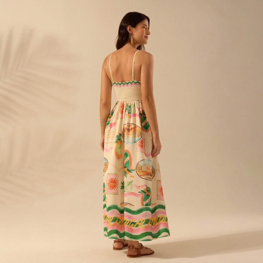 Scenic Print Smocked Maxi Dress