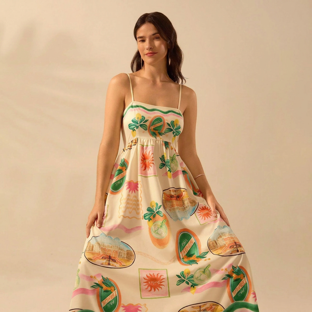 Scenic Print Smocked Maxi Dress