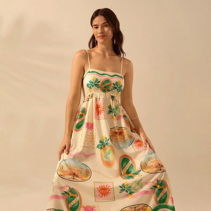 Scenic Print Smocked Maxi Dress