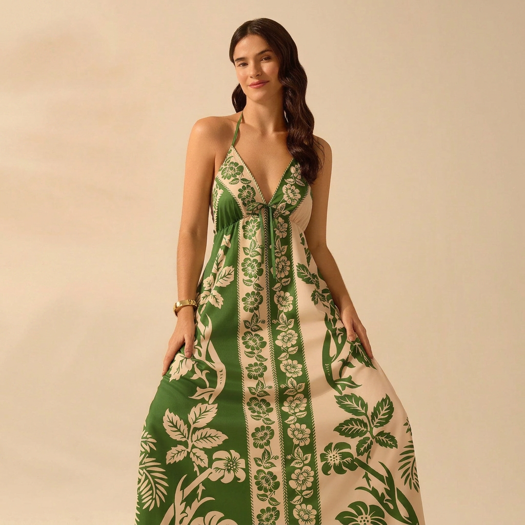 Tropical Print Tie-Front Maxi Dress