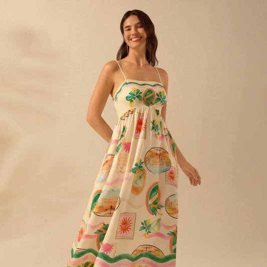 Scenic Print Smocked Maxi Dress