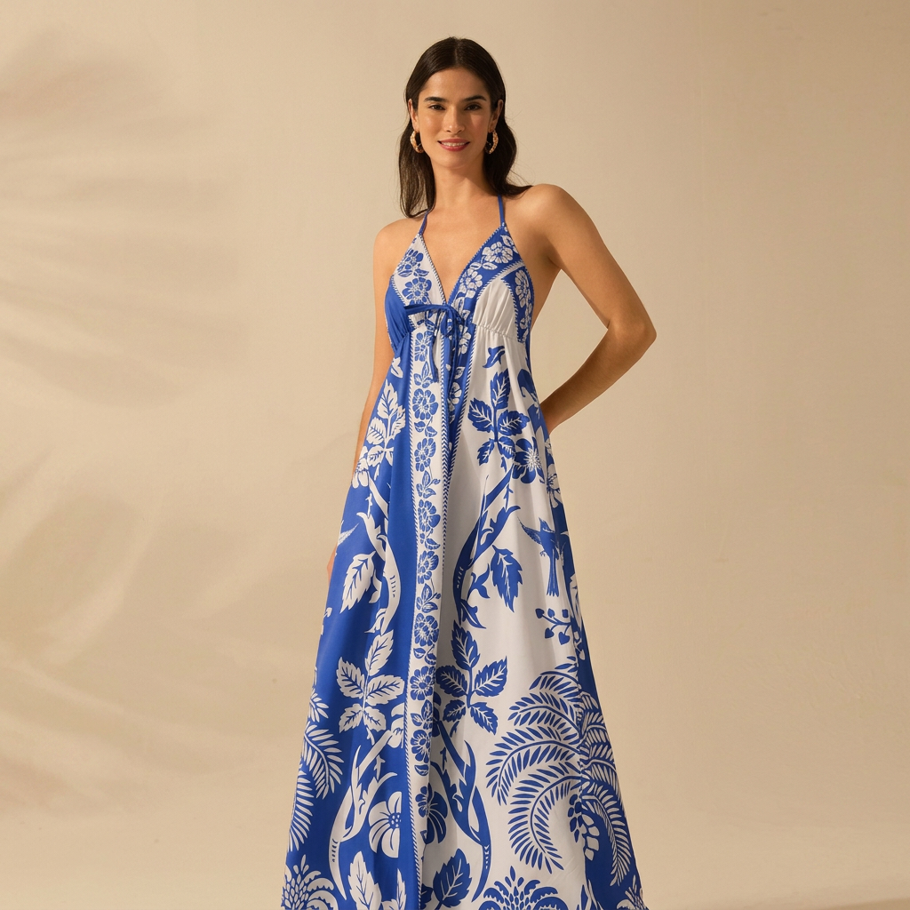 Tropical Print Tie-Front Maxi Dress