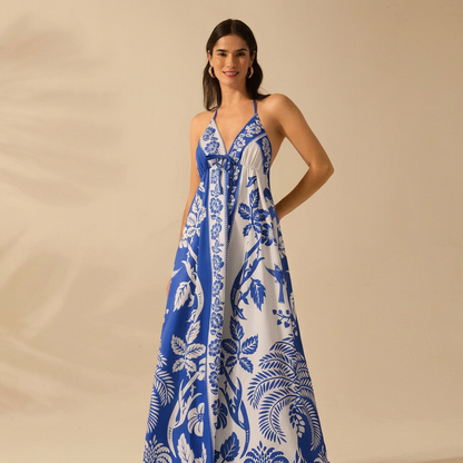 Tropical Print Tie-Front Maxi Dress