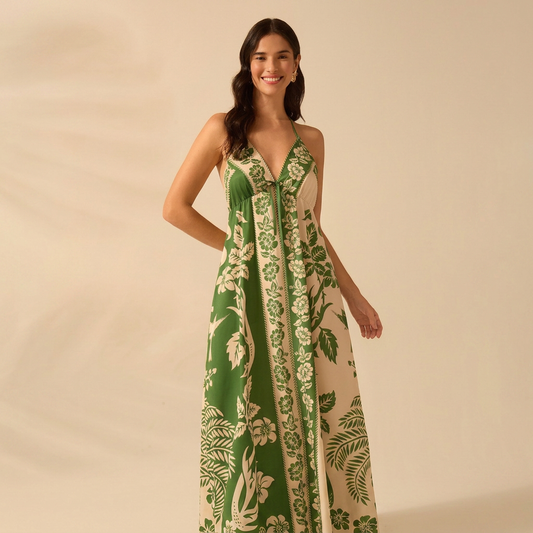 Tropical Print Tie-Front Maxi Dress