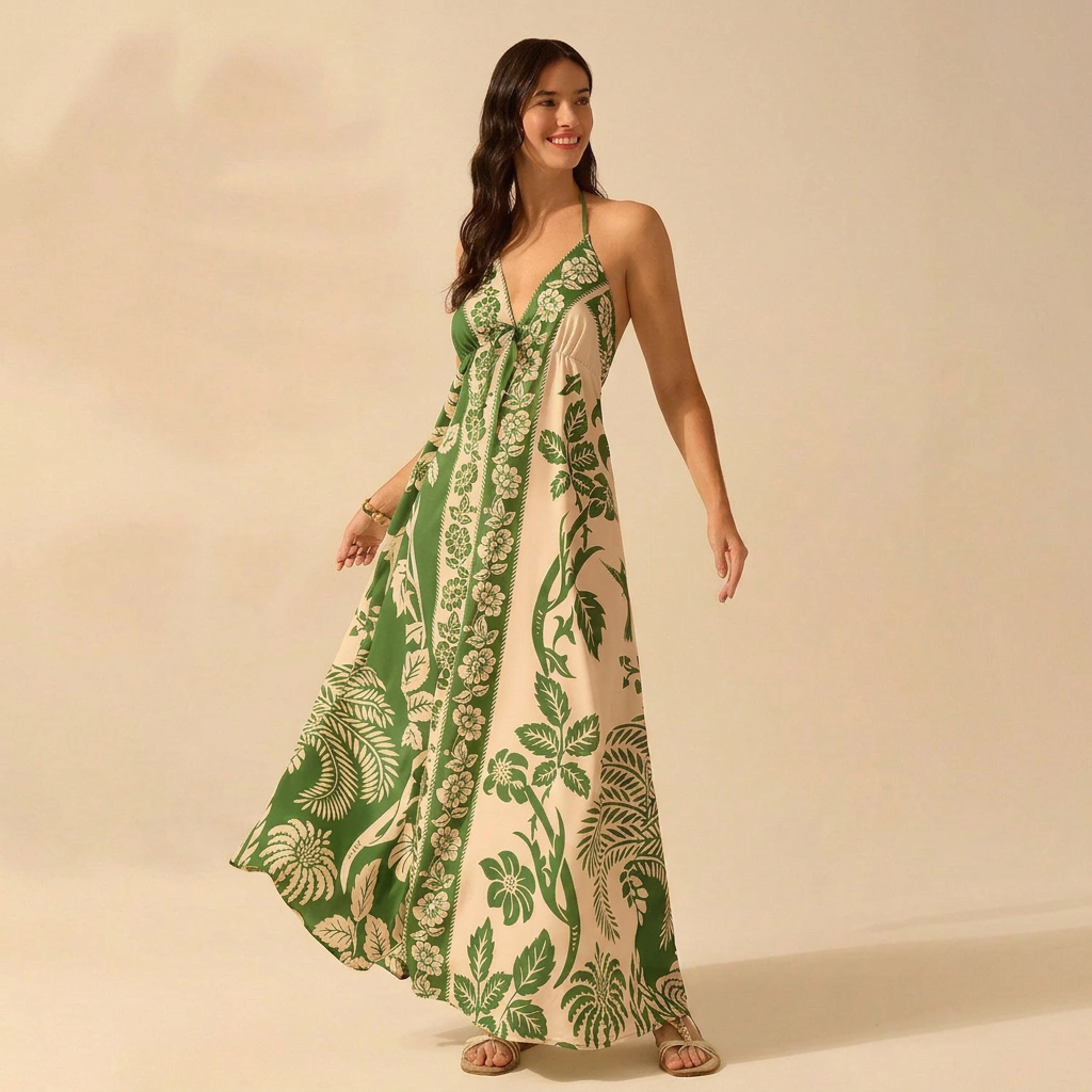 Tropical Print Tie-Front Maxi Dress