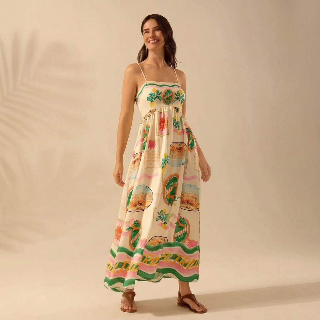 Scenic Print Smocked Maxi Dress