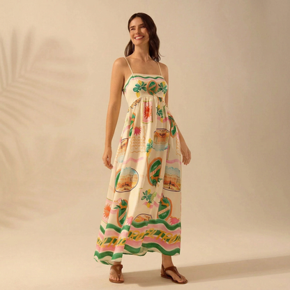 Scenic Print Smocked Maxi Dress