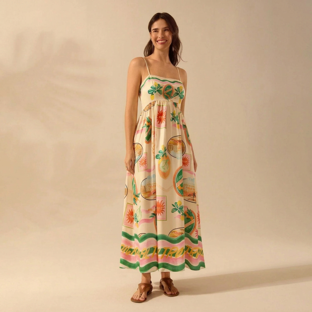Scenic Print Smocked Maxi Dress
