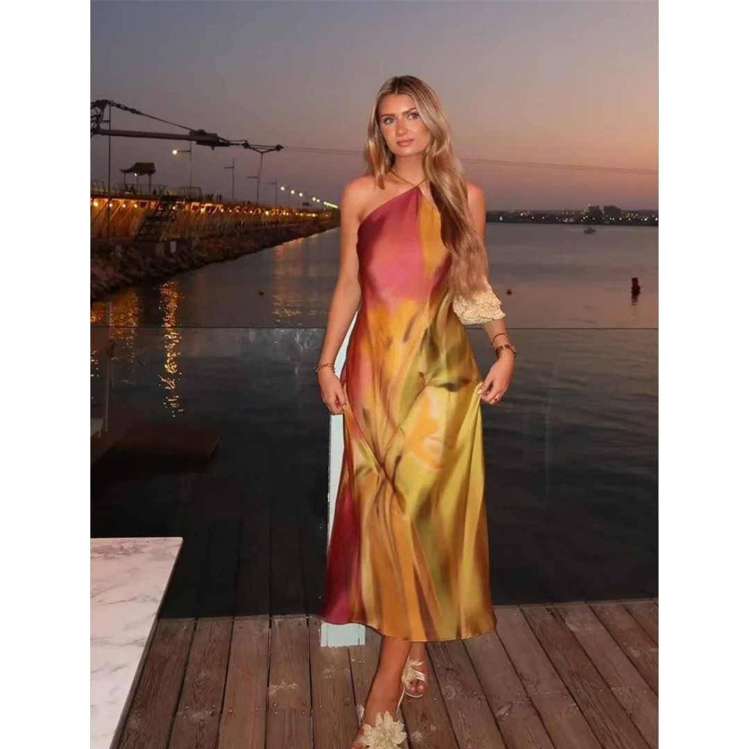 Satin One-Shoulder Watercolour Print Midi Dress